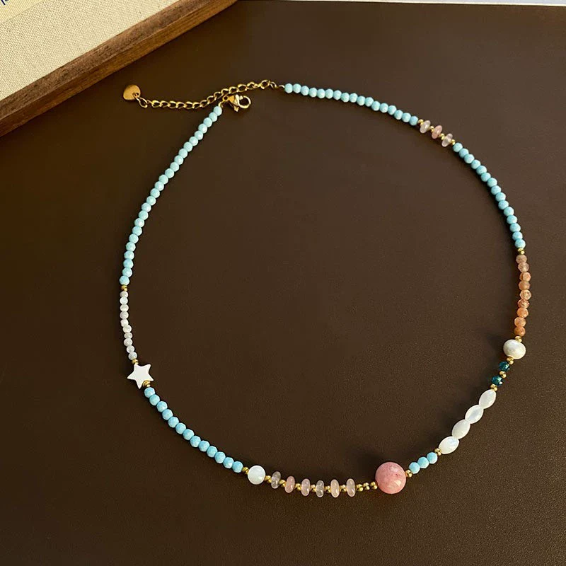 Women's Natural Stone And Titanium Steel Geometric Handmade Baroque Beaded Clavicle Chain Necklace - Image 20