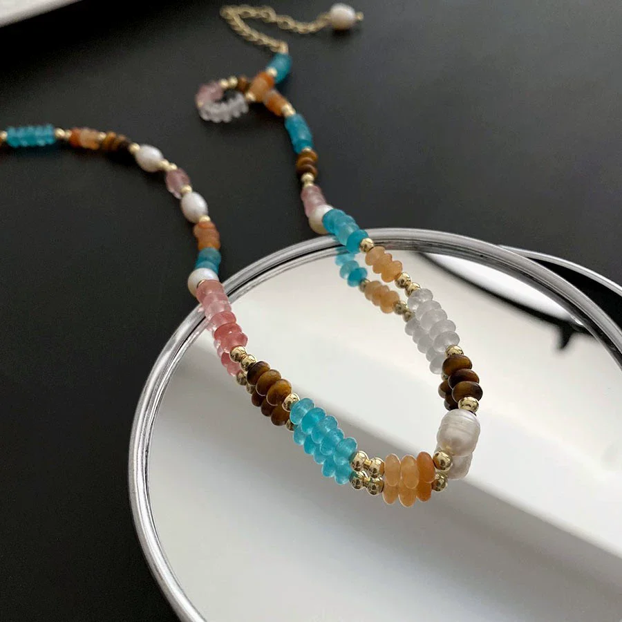 Women's Natural Stone And Titanium Steel Geometric Handmade Baroque Beaded Clavicle Chain Necklace - Image 21