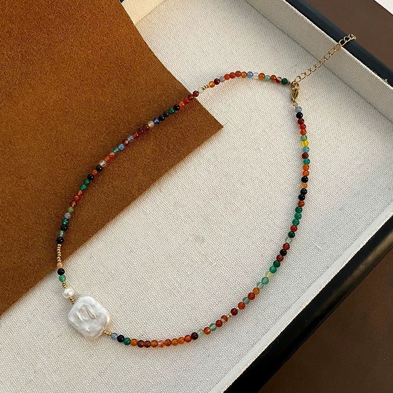 Women's Natural Stone And Titanium Steel Geometric Handmade Baroque Beaded Clavicle Chain Necklace - Image 22