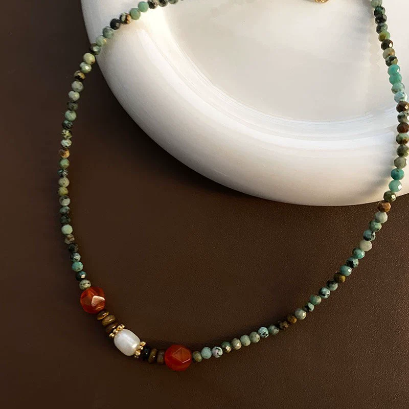 Women's Natural Stone And Titanium Steel Geometric Handmade Baroque Beaded Clavicle Chain Necklace - Image 27