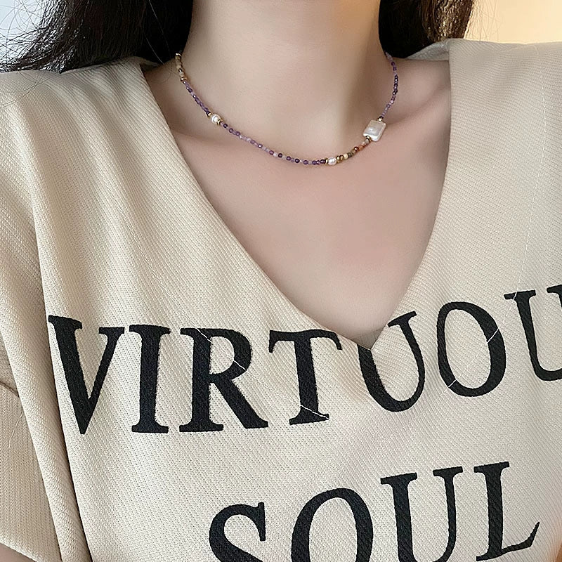 Women's Natural Stone And Titanium Steel Geometric Handmade Baroque Beaded Clavicle Chain Necklace - Image 4