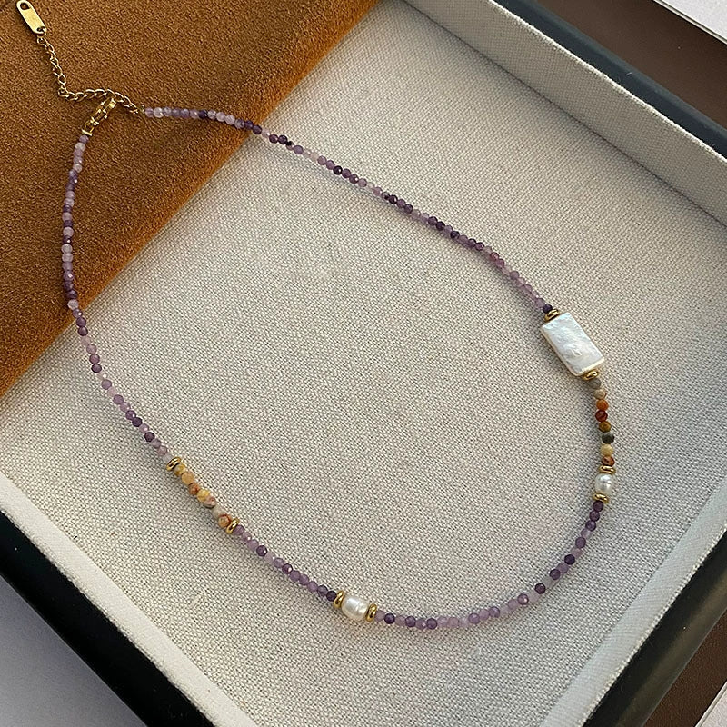 Women's Natural Stone And Titanium Steel Geometric Handmade Baroque Beaded Clavicle Chain Necklace - Image 5