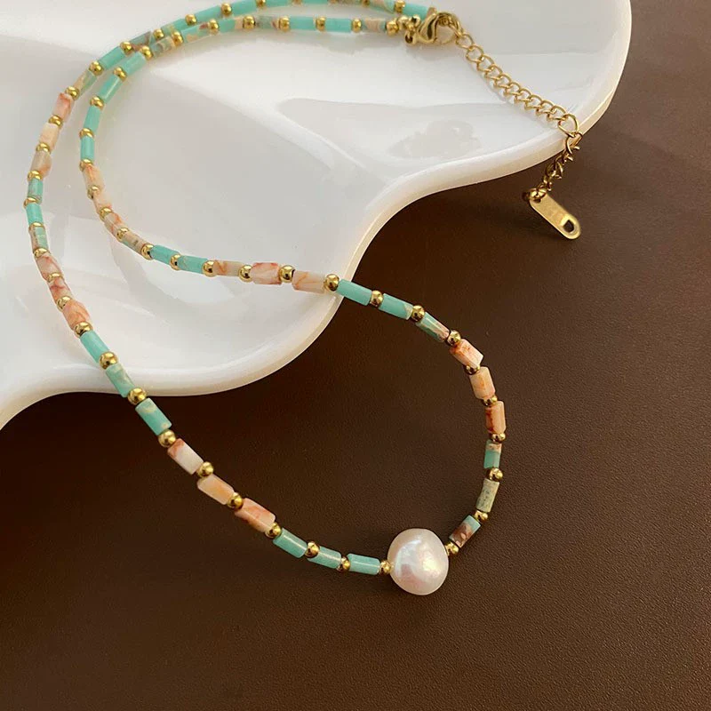 Women's Natural Stone And Titanium Steel Geometric Handmade Baroque Beaded Clavicle Chain Necklace - Image 6