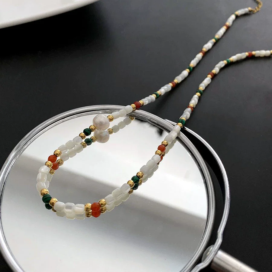 Women's Natural Stone And Titanium Steel Geometric Handmade Baroque Beaded Clavicle Chain Necklace - Image 7