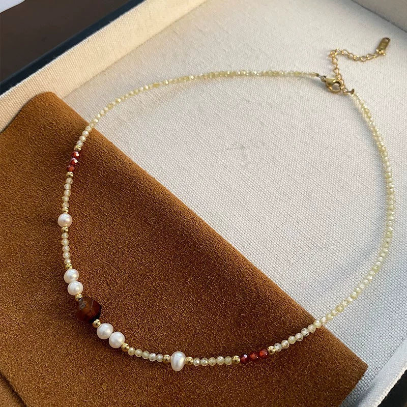 Women's Natural Stone And Titanium Steel Geometric Handmade Baroque Beaded Clavicle Chain Necklace - Image 9