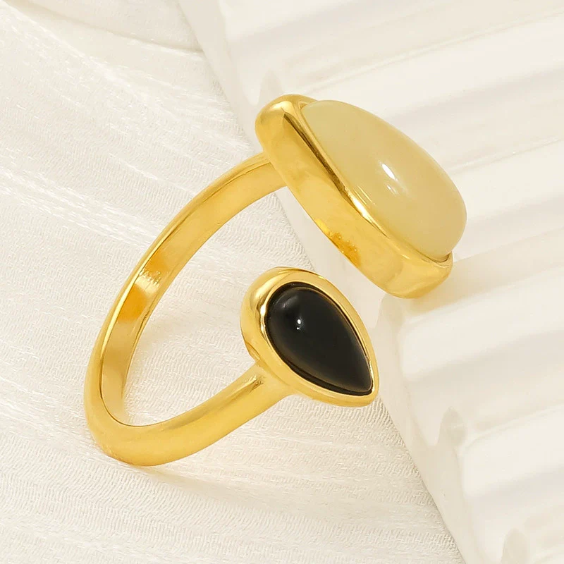 Women's Natural Stone 316L Stainless Steel Geometric Opening Ring With Electroplating - Image 2