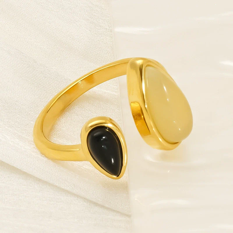 Women's Natural Stone 316L Stainless Steel Geometric Opening Ring With Electroplating - Image 4