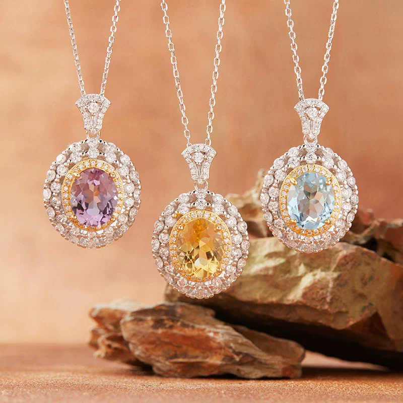 Women's Natural Topaz Amethyst Citrine Geometric Style S925 Sterling Silver Crystal Jewelry Necklace