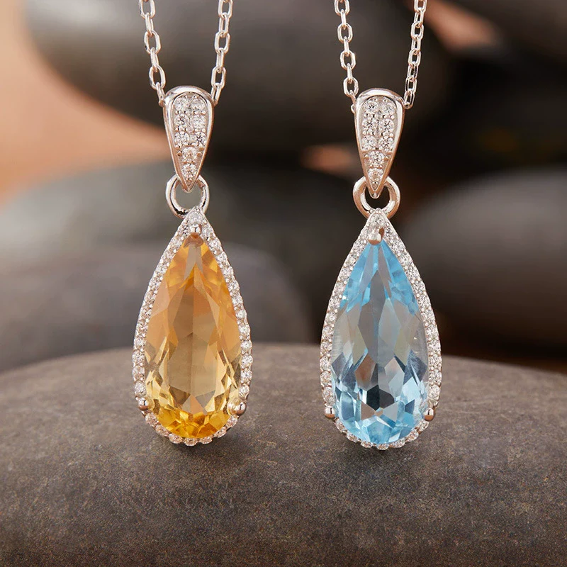 Women's Natural Topaz Citrine Dropshaped Necklace Set With Crystal In S925 Sterling Silver And Cross Chain - Image 2