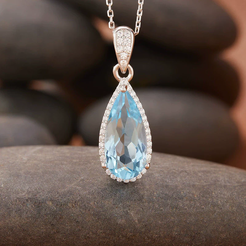 Women's Natural Topaz Citrine Dropshaped Necklace Set With Crystal In S925 Sterling Silver And Cross Chain - Image 4