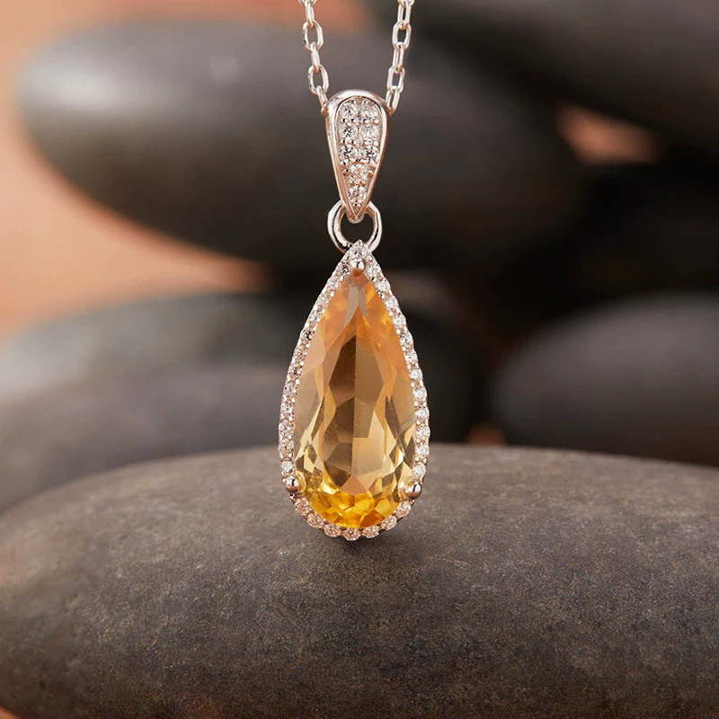 Women's Natural Topaz Citrine Dropshaped Necklace Set With Crystal In S925 Sterling Silver And Cross Chain - Image 6