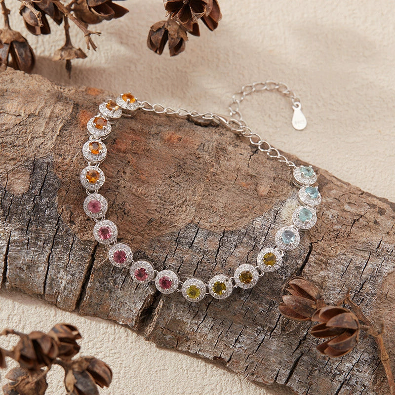 Women's Natural Tourmaline Bracelet S925 Sterling Silver Geometric Style Set With Gemstones