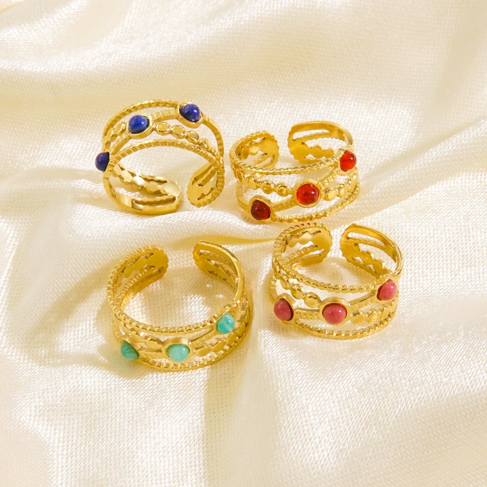 Women's Open Ring Stainless Steel Natural Stone Gem Inlaid Geometric Handmade Fine Polishing Furnace Vacuum