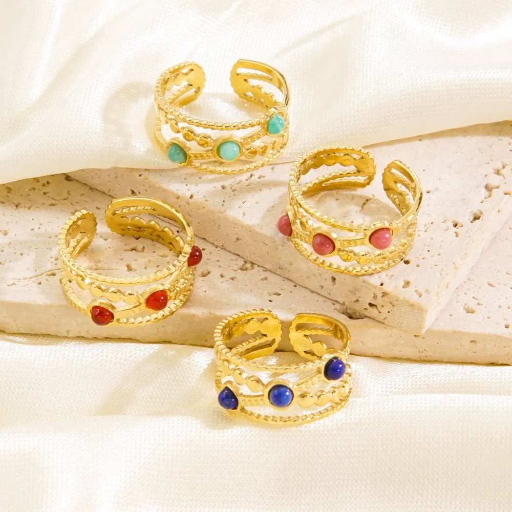 Women's Open Ring Stainless Steel Natural Stone Gem Inlaid Geometric Handmade Fine Polishing Furnace Vacuum - Image 2