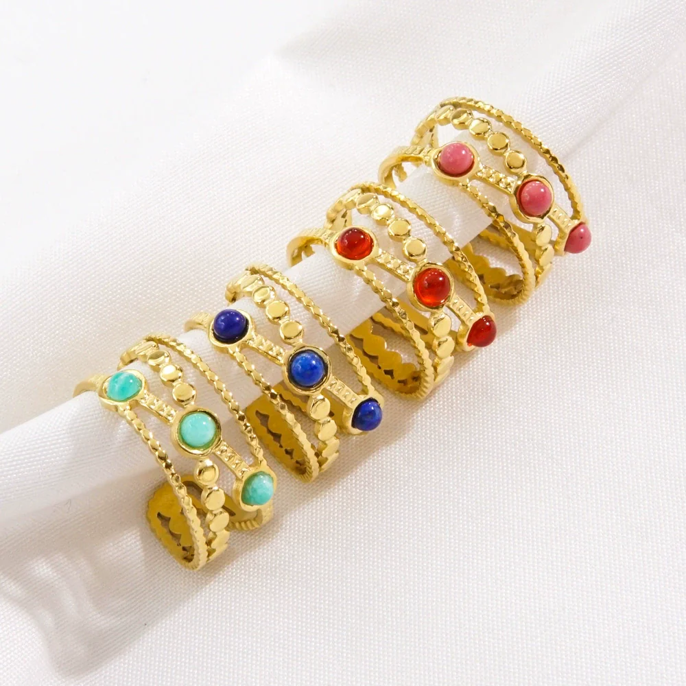 Women's Open Ring Stainless Steel Natural Stone Gem Inlaid Geometric Handmade Fine Polishing Furnace Vacuum - Image 4