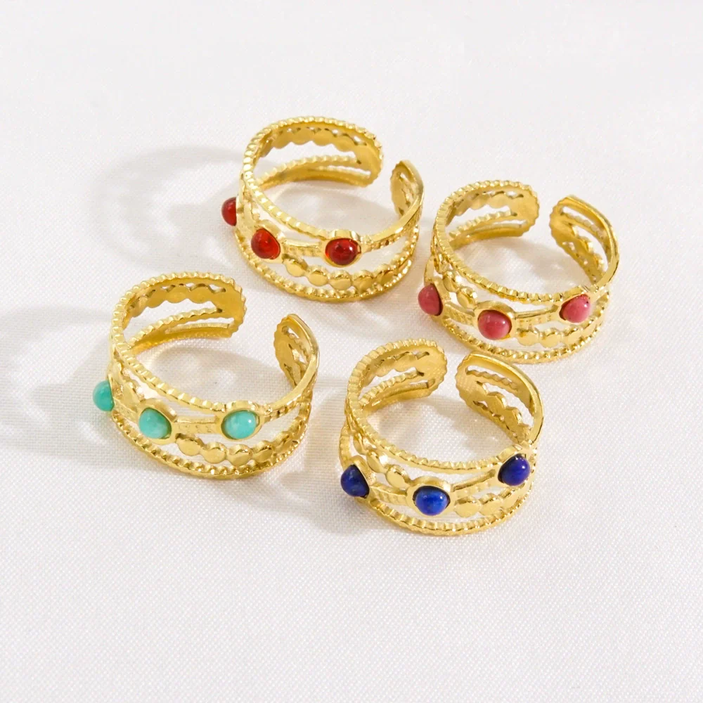 Women's Open Ring Stainless Steel Natural Stone Gem Inlaid Geometric Handmade Fine Polishing Furnace Vacuum - Image 5