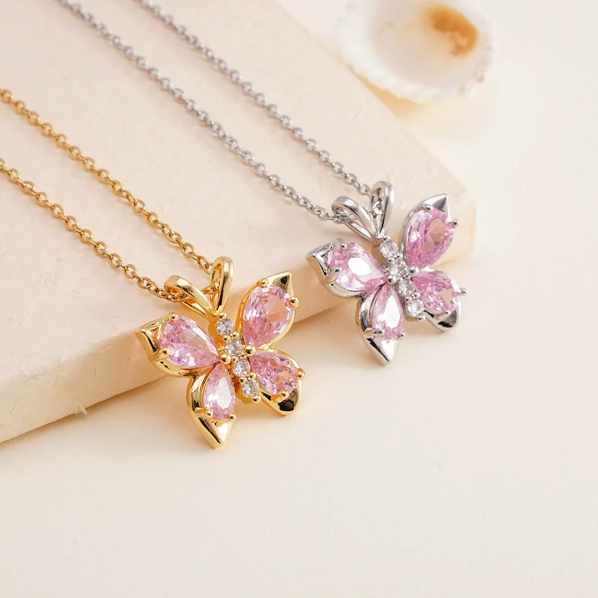 Women's Pink Diamond Butterfly Titanium Steel Clavicle Necklace Mixed Gemstone Inlay Electroplating Geometric Style