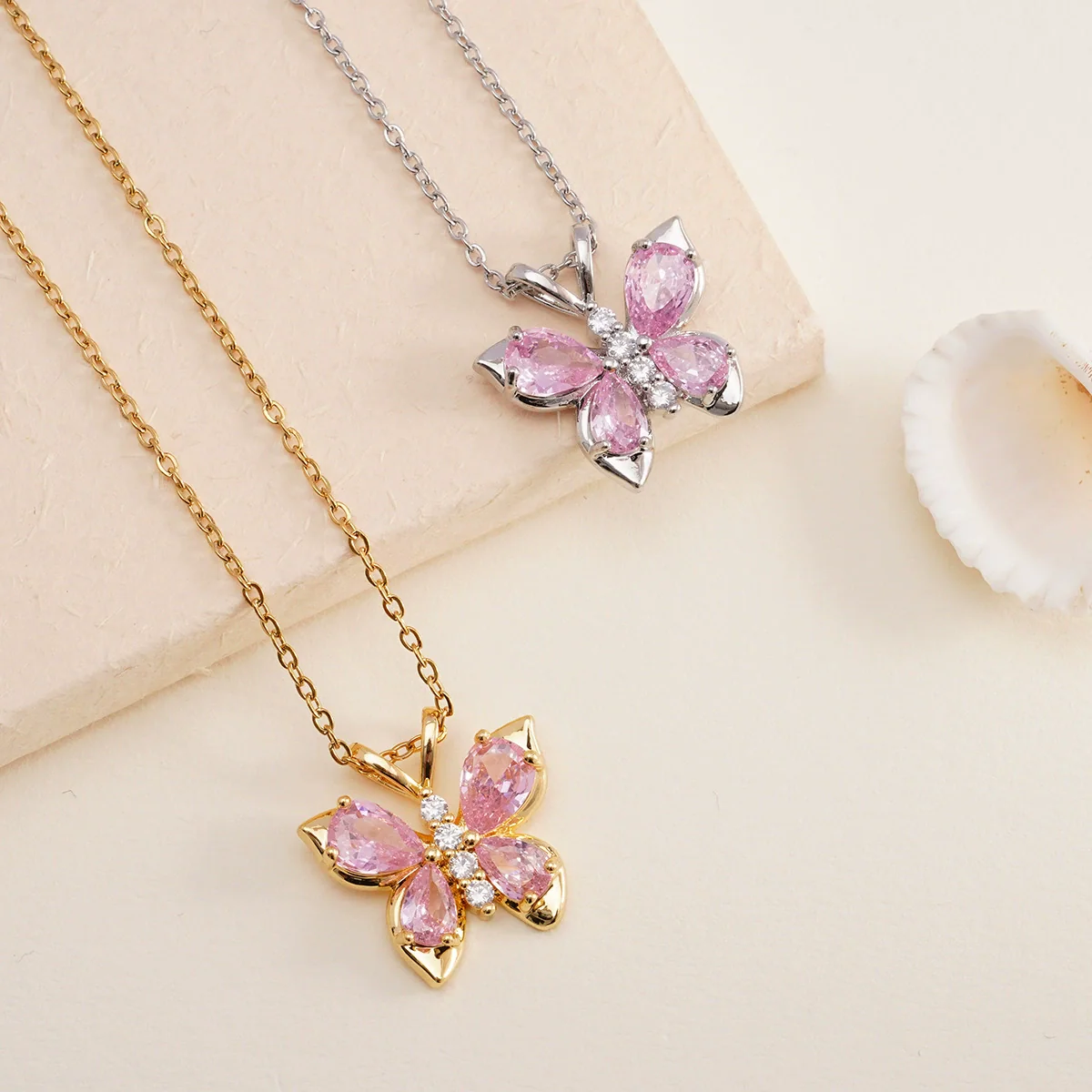 Women's Pink Diamond Butterfly Titanium Steel Clavicle Necklace Mixed Gemstone Inlay Electroplating Geometric Style - Image 2