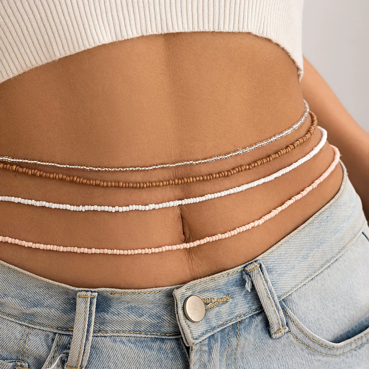 Women's Plastic Resin Geometric Handmade Rice Beads Elastic Beaded Waist Chain Jewelry - Image 4