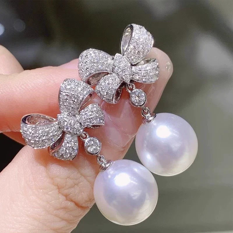 Women's Princess Style Imitation Pearl Bow Pendant Earrings Copper Geometric Pattern Jewelry