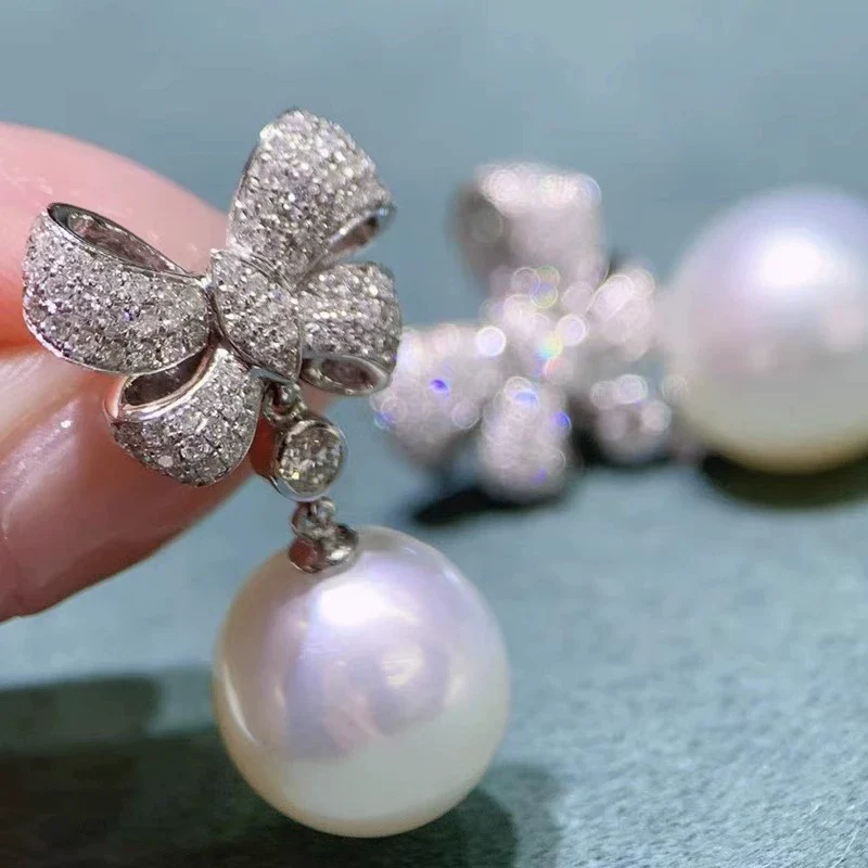 Women's Princess Style Imitation Pearl Bow Pendant Earrings Copper Geometric Pattern Jewelry - Image 2