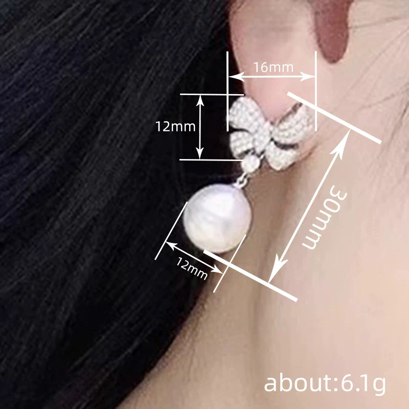 Women's Princess Style Imitation Pearl Bow Pendant Earrings Copper Geometric Pattern Jewelry - Image 4