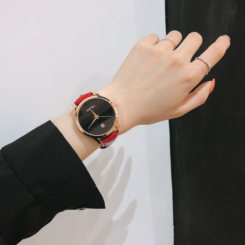 Women's Quartz Watch Alloy Case Imitation Leather Strap Stainless Steel Buckle Round Dial Business Style