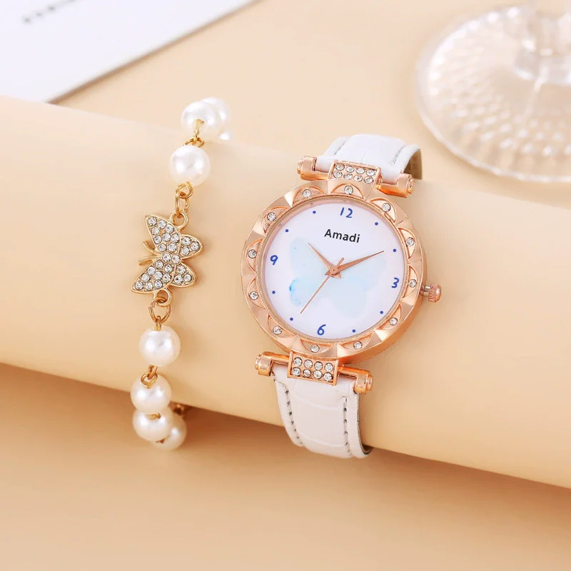Women's Quartz Watch And Butterfly Bracelet Set With Alloy Case Imitation Leather Strap And Titanium Buckle In Leisure Style - Image 2