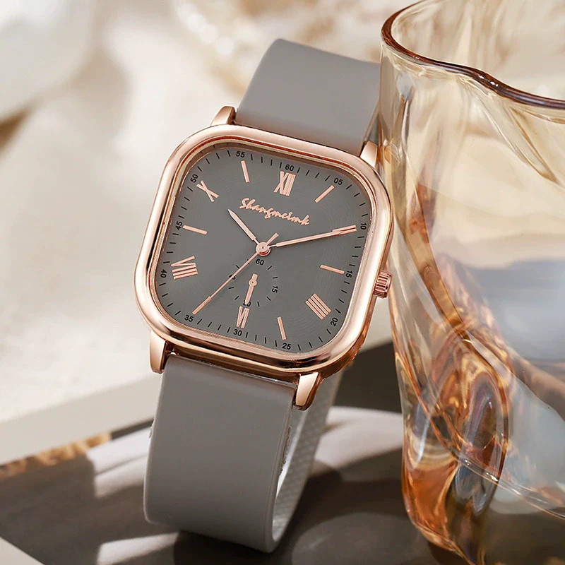 Women's Quartz Watch Midcentury Style Alloy Case Silicone Strap Square Dial - Image 2