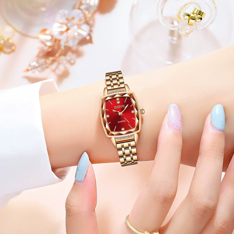Women's Quartz Waterproof Watch With Solid Stainless Steel Band And Small Square Dial