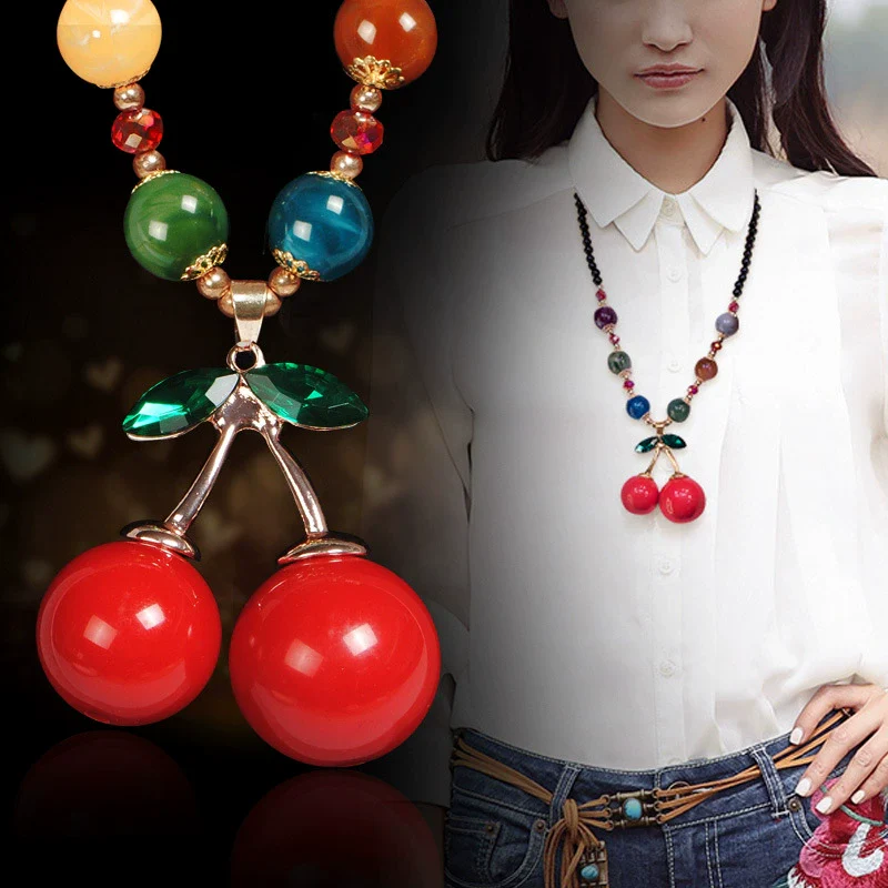 Women's Retro Colored Beads Cherry Necklace With Diamond Pendant And Crystal Plastic Resin Material Leaf Pattern For Autumn And Winter