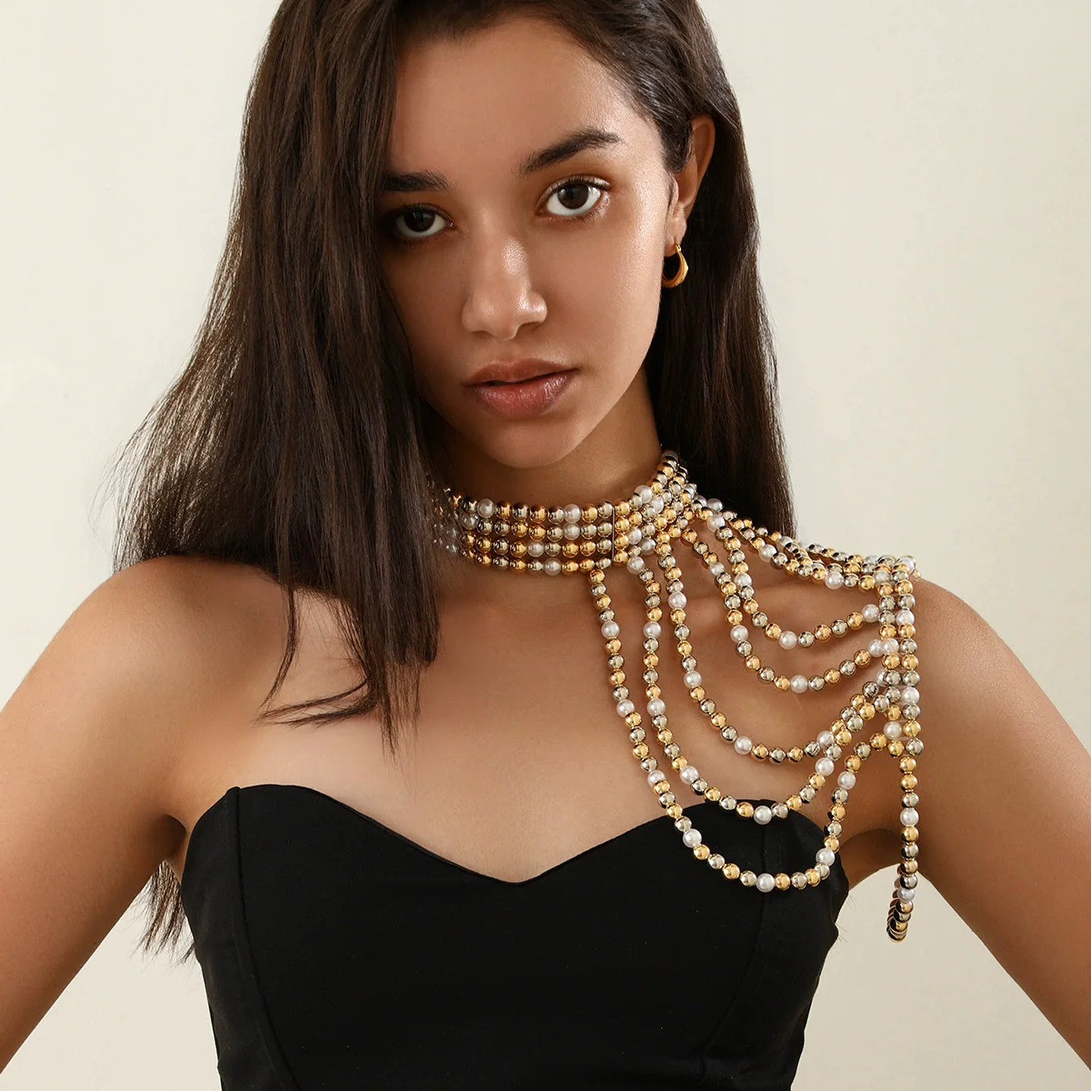 Women's Retro Imitation Pearl Handmade Beaded Multi Layer Tassel Shoulder Chain - Image 3
