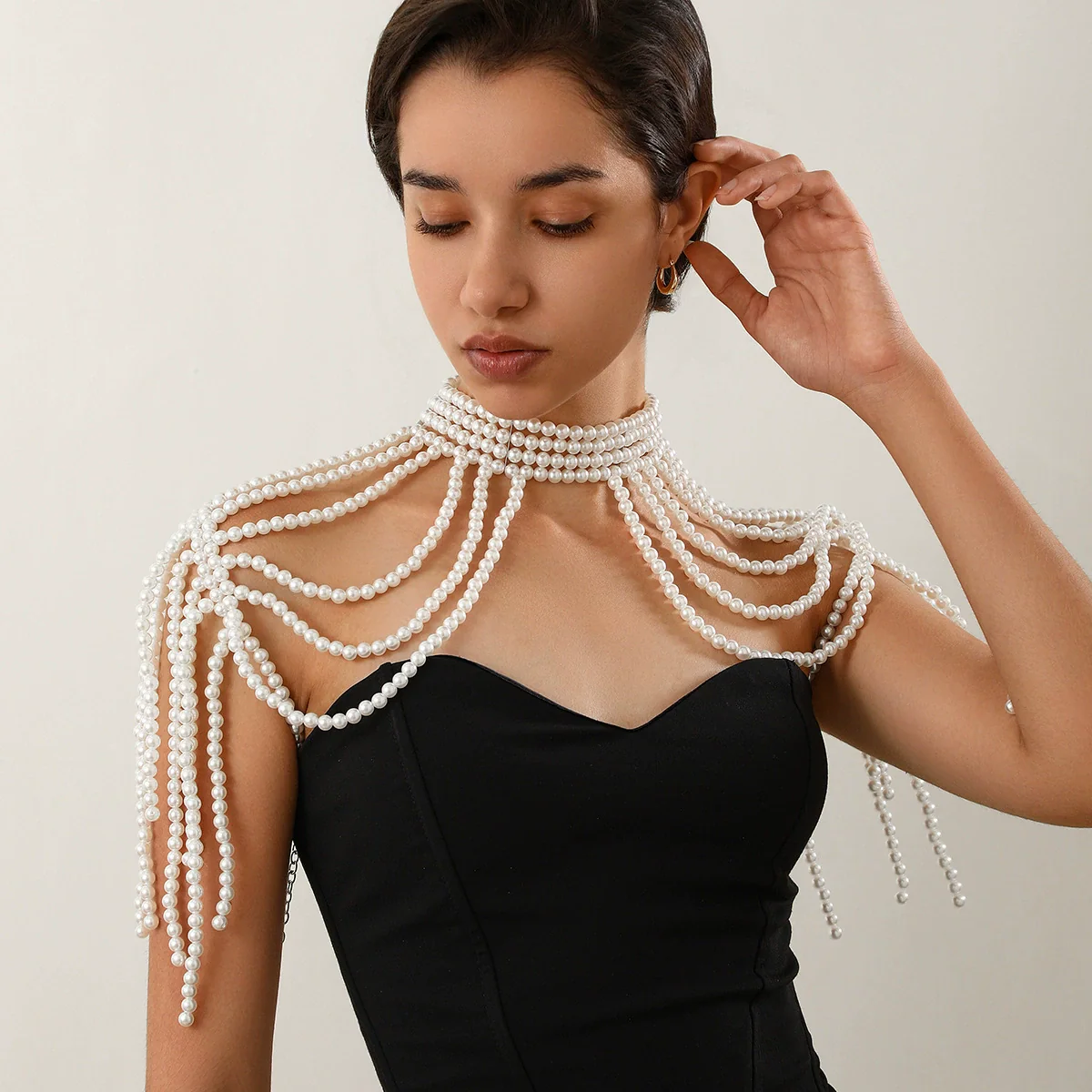 Women's Retro Imitation Pearl Handmade Beaded Multi Layer Tassel Shoulder Chain - Image 7