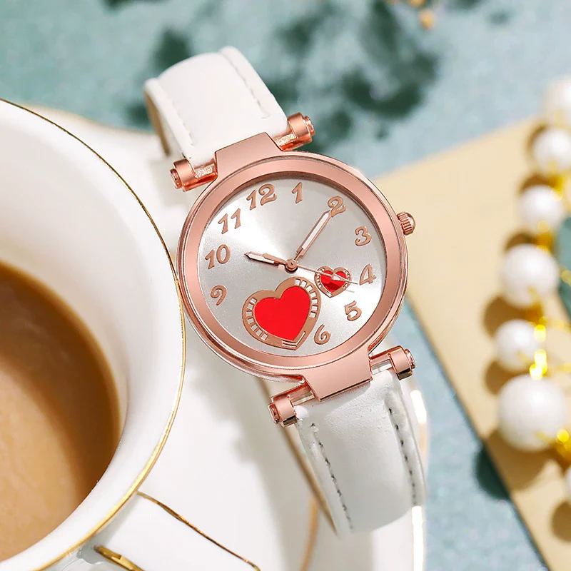 Women's Retro Love Casual Watch Alloy Case Pu Strap Stainless Steel Buckle Round Dial Onion Crown Mineral Reinforced Glass Mirror