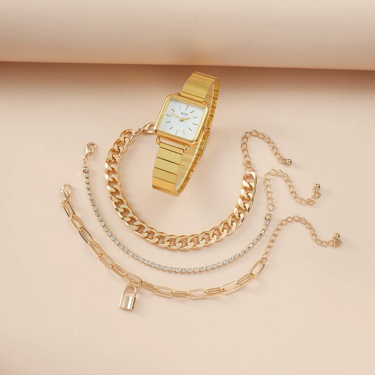Women's Retro Niche Square Alloy Case Stainless Steel Clasp Imitation Leather Strap Watch And Bracelet Suit - Image 3