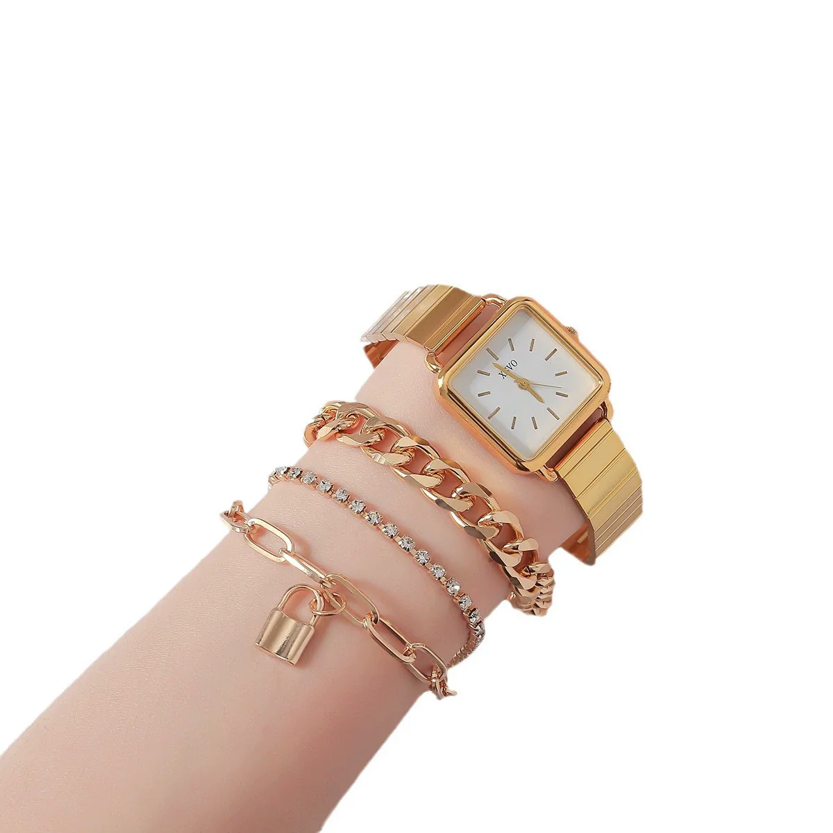 Women's Retro Niche Square Alloy Case Stainless Steel Clasp Imitation Leather Strap Watch And Bracelet Suit - Image 4