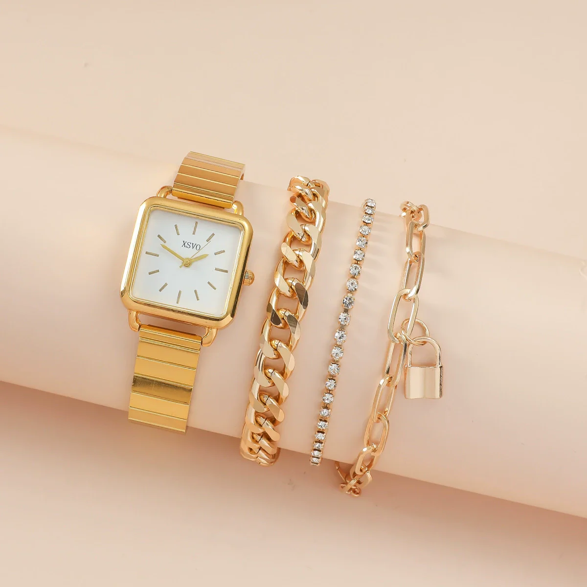 Women's Retro Niche Square Alloy Case Stainless Steel Clasp Imitation Leather Strap Watch And Bracelet Suit - Image 5