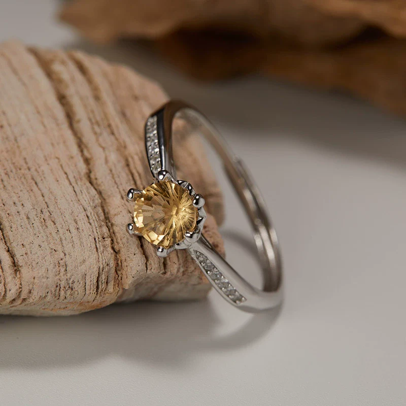 Women's S225 Sterling Silver Natural Citrine Geometric Open Ring With Gems