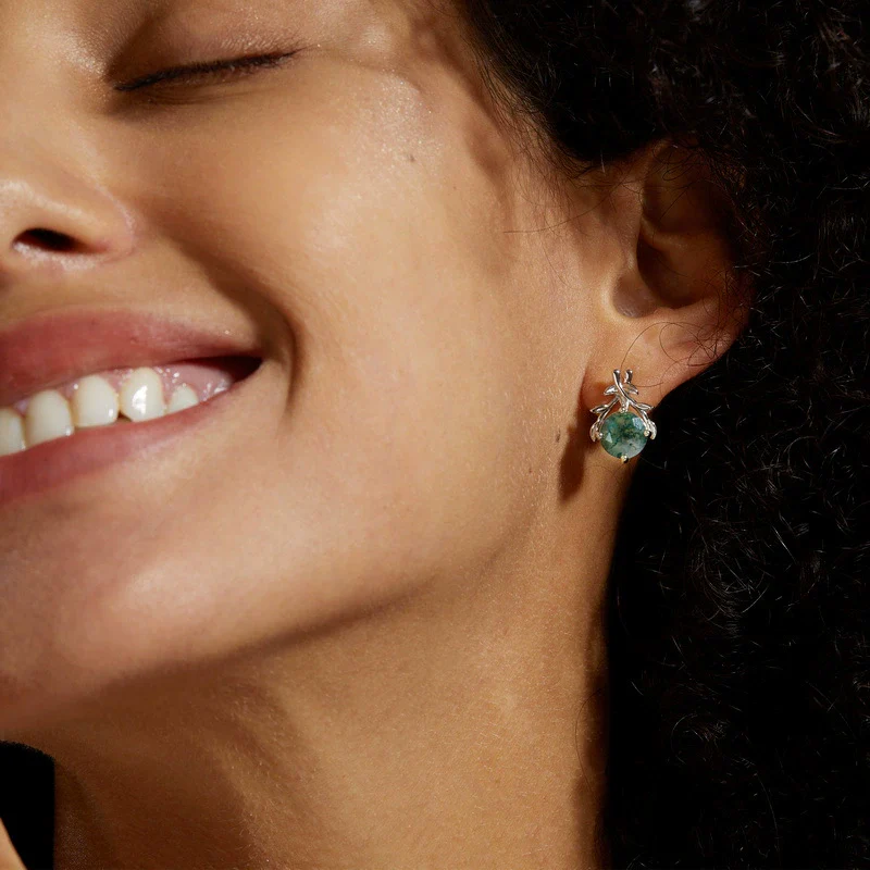 Women's S925 Silver Aquatic Agate Olive Branch Geometric Plant Flowers Earrings