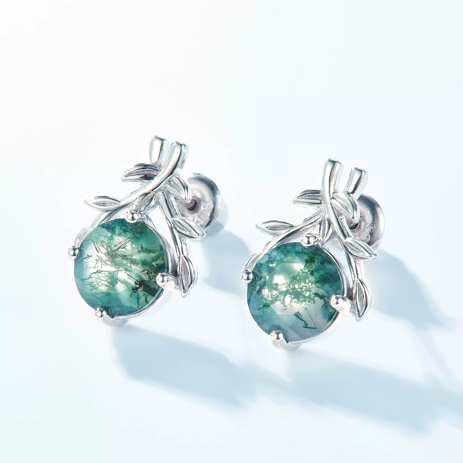 Women's S925 Silver Aquatic Agate Olive Branch Geometric Plant Flowers Earrings - Image 2