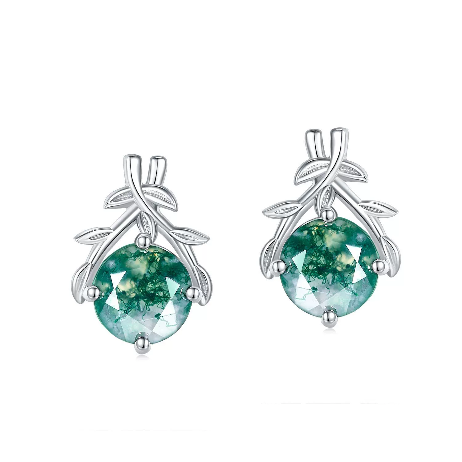 Women's S925 Silver Aquatic Agate Olive Branch Geometric Plant Flowers Earrings - Image 4