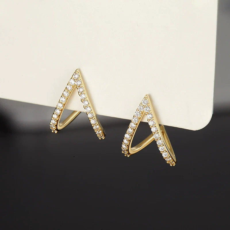 Women's S925 Silver Vshaped Zircon Earrings With Geometric Style And Real Gold Plating