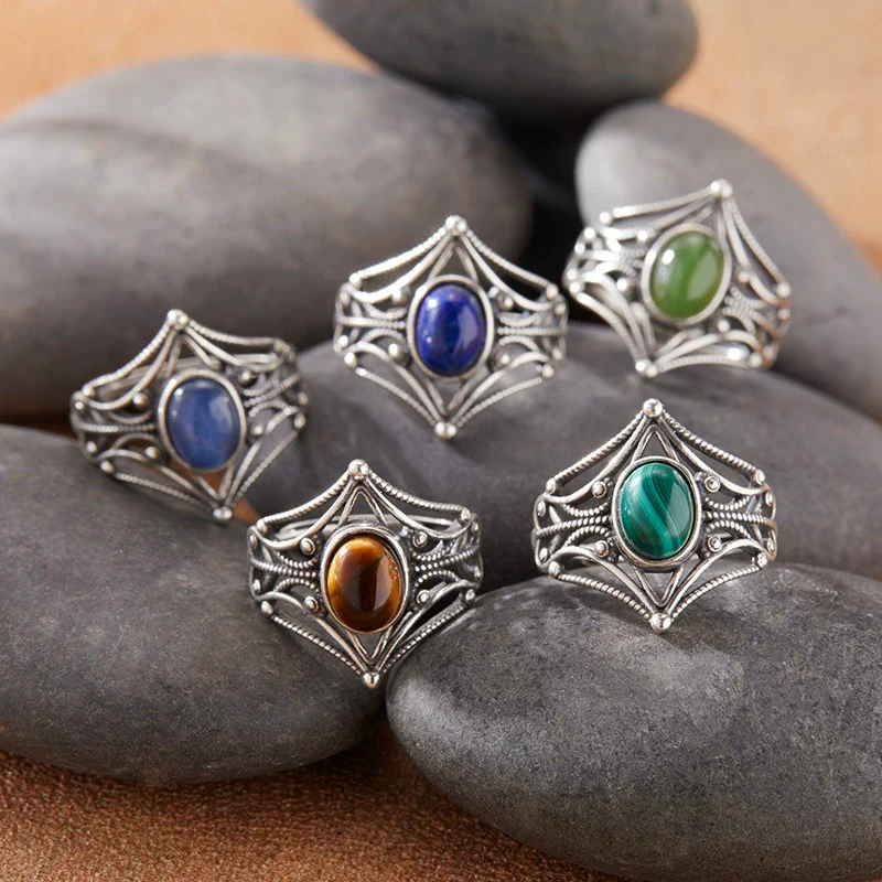 Women's S925 Sterling Silver Colored Gemstone Ring Set With Gemstones Natural Gemstone Moonstone Topaz Tiger Eye Blue Crystal Exotic Geometric