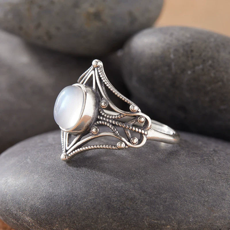 Women's S925 Sterling Silver Colored Gemstone Ring Set With Gemstones Natural Gemstone Moonstone Topaz Tiger Eye Blue Crystal Exotic Geometric - Image 3