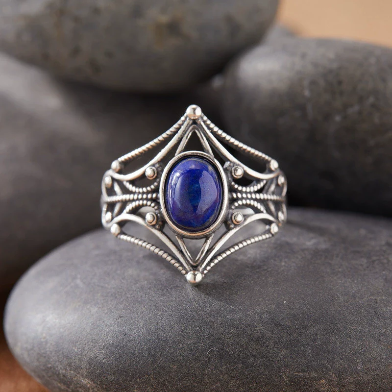 Women's S925 Sterling Silver Colored Gemstone Ring Set With Gemstones Natural Gemstone Moonstone Topaz Tiger Eye Blue Crystal Exotic Geometric - Image 7