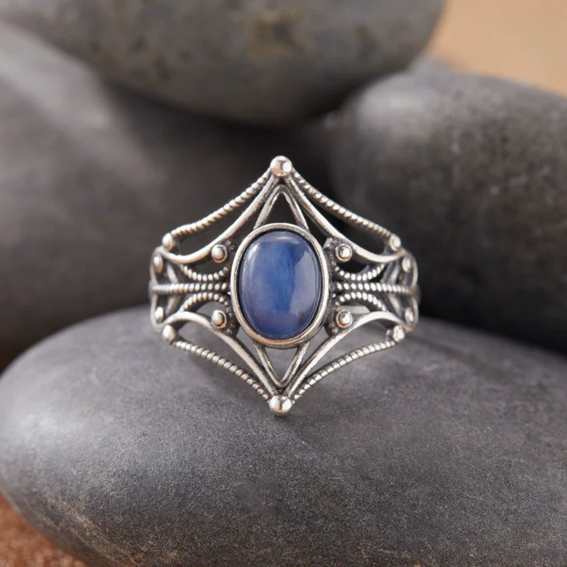 Women's S925 Sterling Silver Colored Gemstone Ring Set With Gemstones Natural Gemstone Moonstone Topaz Tiger Eye Blue Crystal Exotic Geometric - Image 8