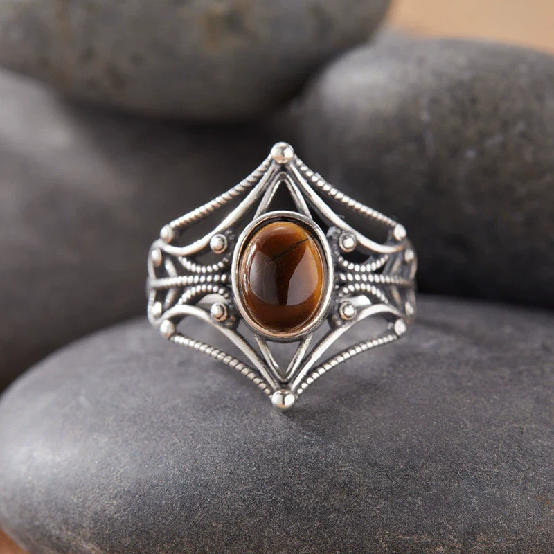 Women's S925 Sterling Silver Colored Gemstone Ring Set With Gemstones Natural Gemstone Moonstone Topaz Tiger Eye Blue Crystal Exotic Geometric - Image 9