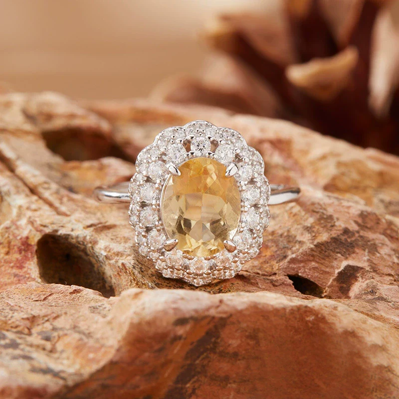 Women's S925 Sterling Silver Crystal Flower Ring Light Luxury Style Natural Topaz Citrine Amethyst Jewelry - Image 3