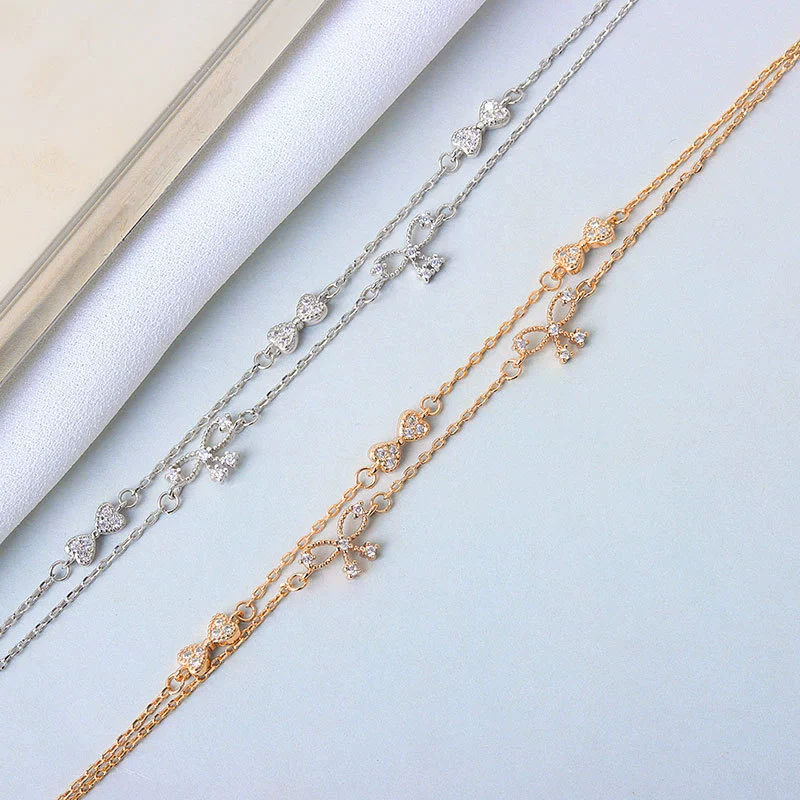 Women's S925 Sterling Silver Double Layer Butterfly And Bow Design Bracelet With Electroplating - Image 3