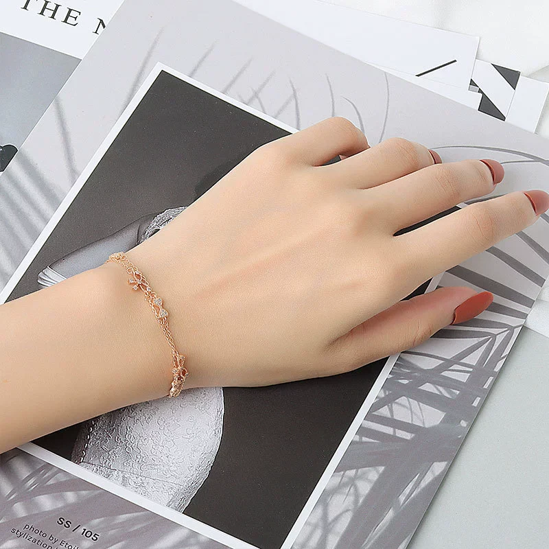 Women's S925 Sterling Silver Double Layer Butterfly And Bow Design Bracelet With Electroplating - Image 4